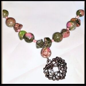 Unakite Stone Peach Beaded Necklace Metal Heart Pendant